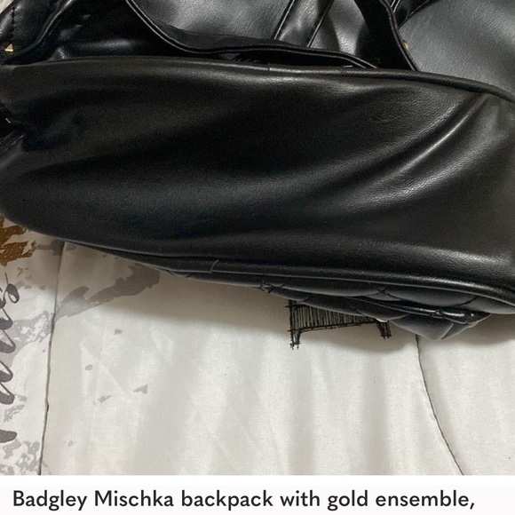 Badgley Mischka Black Quilted Backpack Gold Studded Hardware Adjustable Straps - Picture 14 of 14